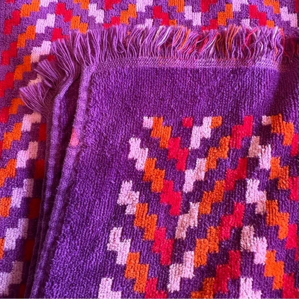Vintage YSL Towel Set Chevron Abstract Geo Retro Bright Purple Red Orange Fringe